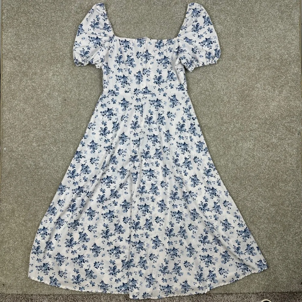 Blue Floral Toile Milkmaid Midi Dress Puff Sleeve Cottagecore Side Slit Medium
